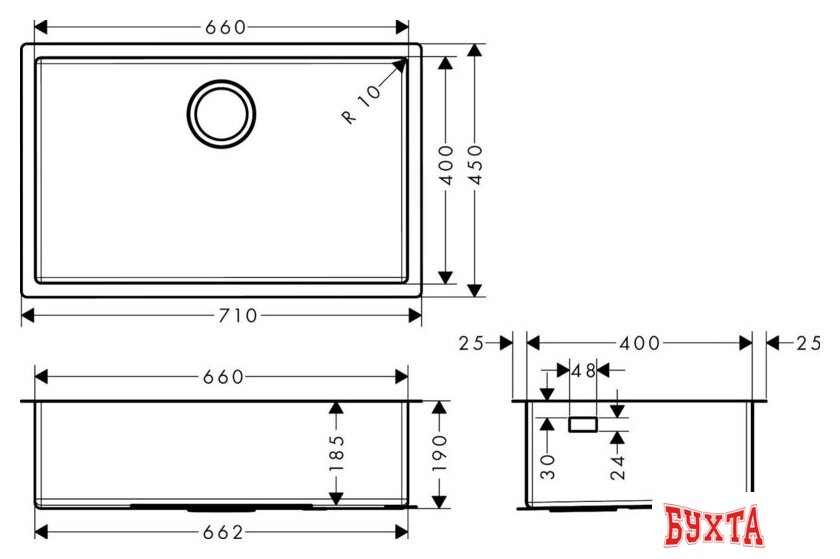 Кухонная мойка Hansgrohe S71 S719-U660 Under-mount sink 660 43428800 5