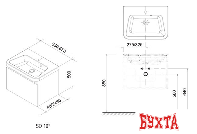 Мебель для ванных комнат Ravak Тумба под умывальник 10° 550 (белый) [X000000733] 2