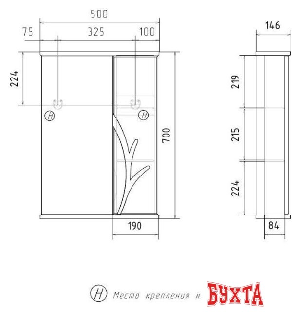 Мебель для ванных комнат Volna Шкаф с зеркалом Adel 50 правый 4