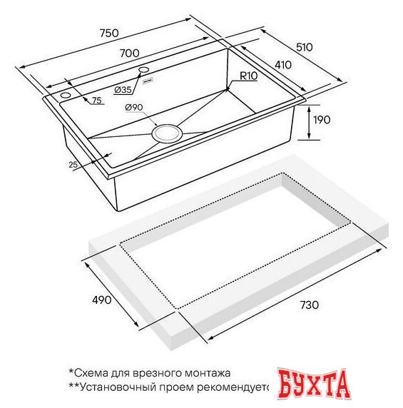 Кухонная мойка Paulmark Kroner-edge 75 PM777551-GM (черный/вороненая сталь) 4