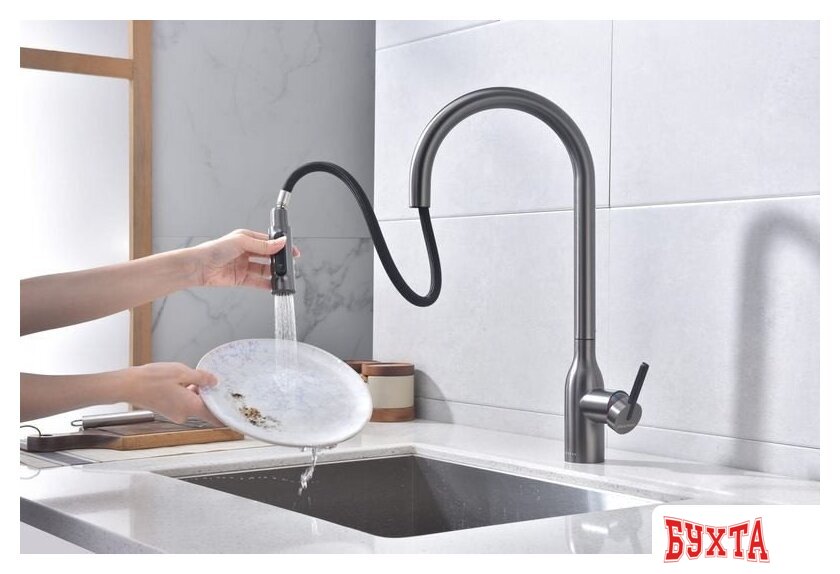 Смеситель Paulmark Iniversal Un213880-GM (черный/вороненая сталь) 5