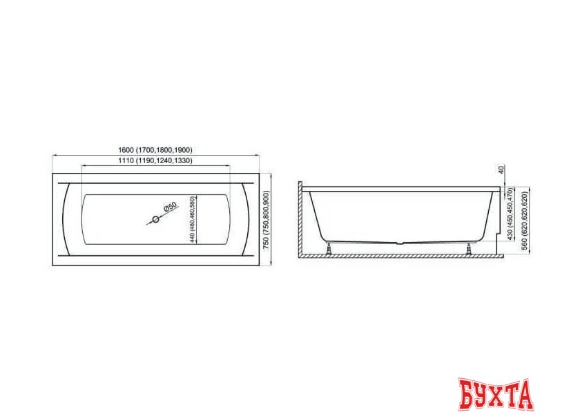 Ванна Polimat INES 180x80 с ножками 5