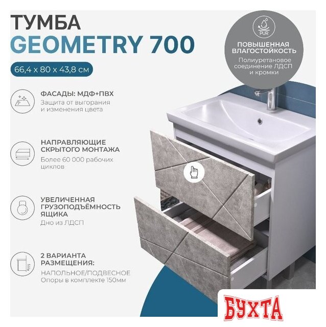 Мебель для ванных комнат Vigo Тумба под умывальник Geometry 700-0-2 Фостер (бетон) 4