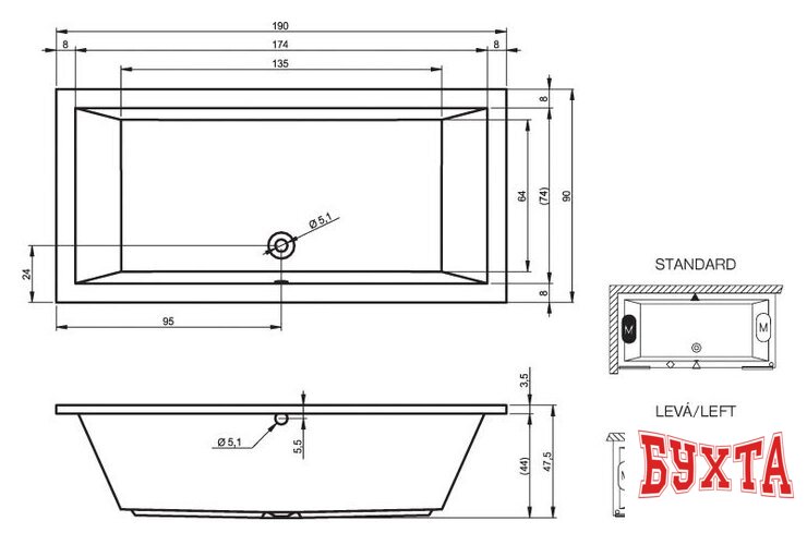 Ванна Riho Lusso 190x90 (без ножек) 2