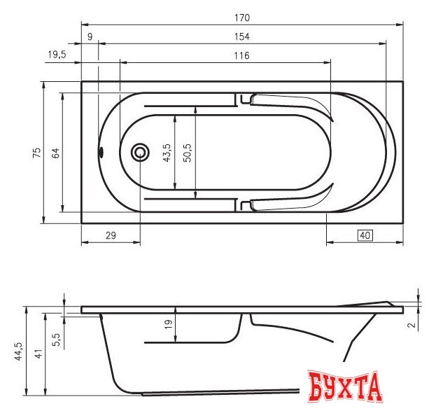Ванна Riho Future 170x75 (без ножек) 2