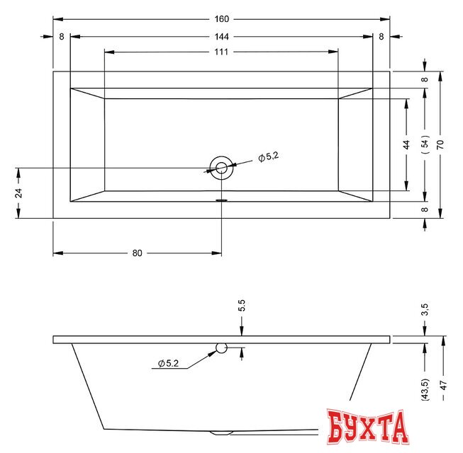 Ванна Riho Lusso 160x70 BA57 (без ножек) 2