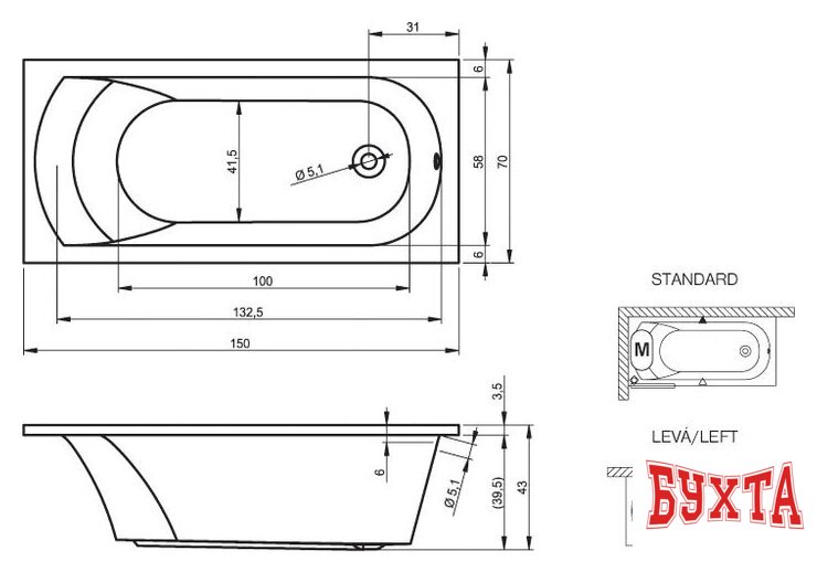 Ванна Riho Miami 150x70 (без ножек) 2