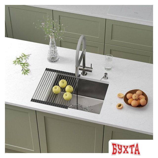 Кухонная мойка Roxen Uno 560210-54 под столешницу сатин/матовая поверхность (ролл-мат, дозатор, сифон) 1