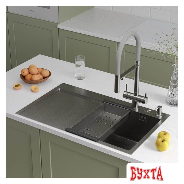 Кухонная мойка Roxen Vespa 560230-70R сатин (с коландером и дозатором) 2