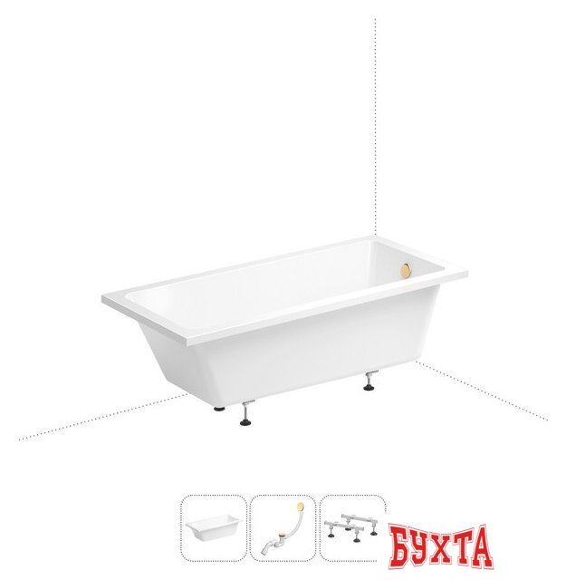 Ванна Wellsee FreeDom 165x80 231102008 (встраиваемая ванна белый глянец, ножки, сифон-автомат золото) 1