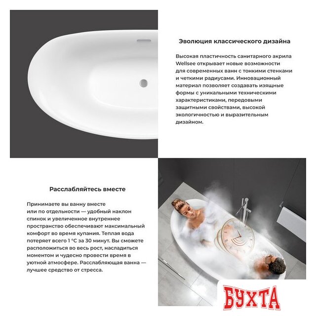 Ванна Wellsee Enjoy e Amedeo 175x83 23740104R (отдельностоящая ванна белый глянец, экран, ножки, сифон-автомат золото) 5