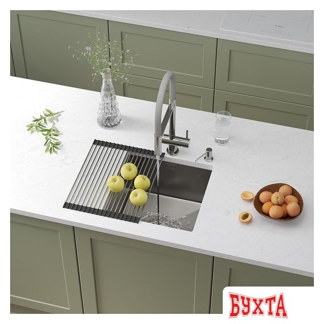 Кухонная мойка Roxen Uno 560210-44 (440*440) сатин под столешницу (с ролл-матом и дозатором)