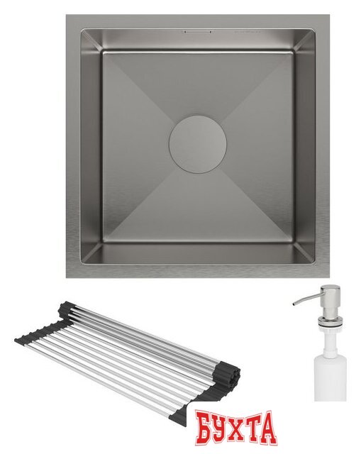 Кухонная мойка Roxen Uno 560210-44 (440*440) сатин под столешницу (с ролл-матом и дозатором) 4