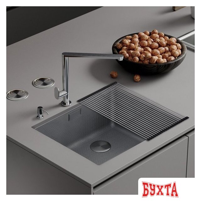 Кухонная мойка Roxen Uno 560210-54S под столешницу сатин/текстурная поверхность (ролл-мат, дозатор, сифон) 1