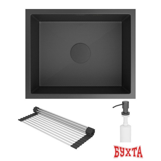 Кухонная мойка Roxen Uno 560210-54BS под столешницу графит/текстурная поверхность (ролл-мат, дозатор, сифон) 4
