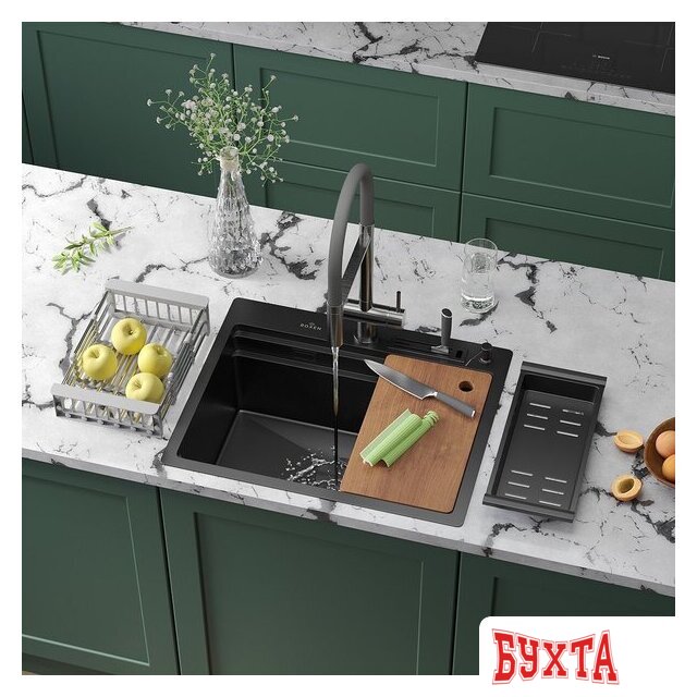Кухонная мойка Roxen Stage 560250-60B PVD графит (c держателем для ножей, двумя коландерами, разделочной доской и дозатором)