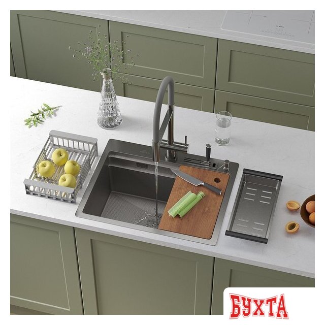 Кухонная мойка Roxen Stage 560250-60-S текстурный сатин (с держателем для ножей и аксессуарами)