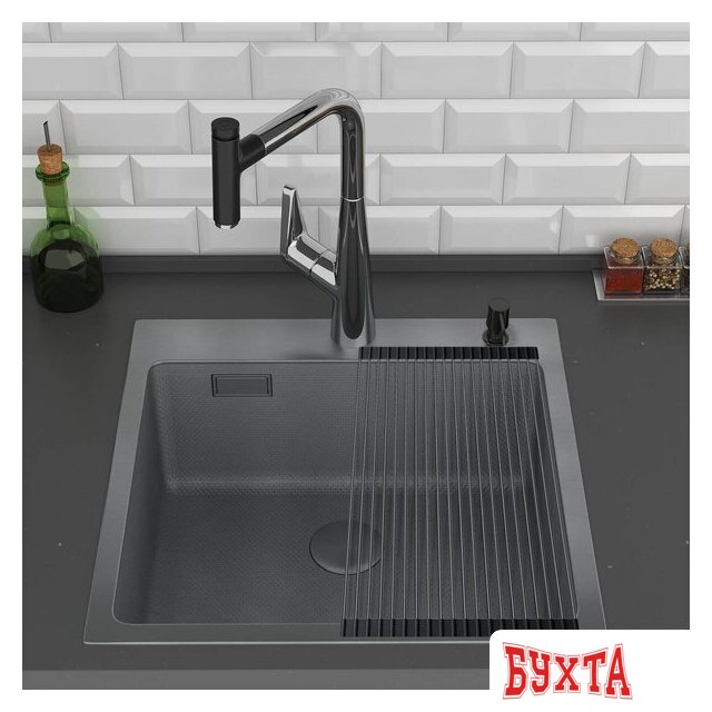 Кухонная мойка Roxen Snake 560220-45-BS PVD графит/текстурная поверхность (с ролл-матом и дозатором) 4