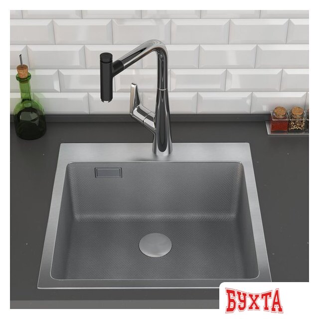 Кухонная мойка Roxen Snake 560220-50-S (50*48) сатин/текстурная поверхность (с коландером и дозатором) 4