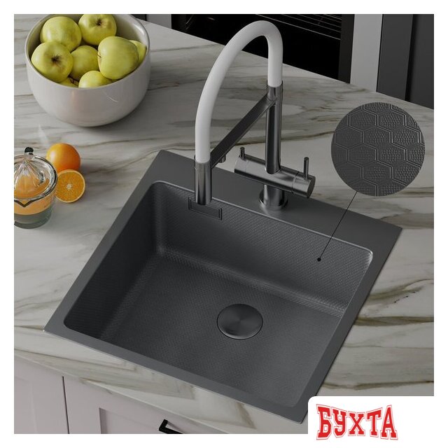 Кухонная мойка Roxen Snake 560220-50-BS (50*48) PVD графит/текстурная поверхность (с коландером и дозатором) 3