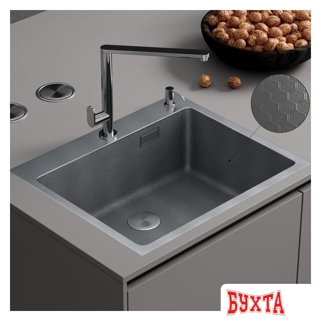 Кухонная мойка Roxen Snake 560220-60-S сатин/текстурная поверхность (с коландером и дозатором) 1