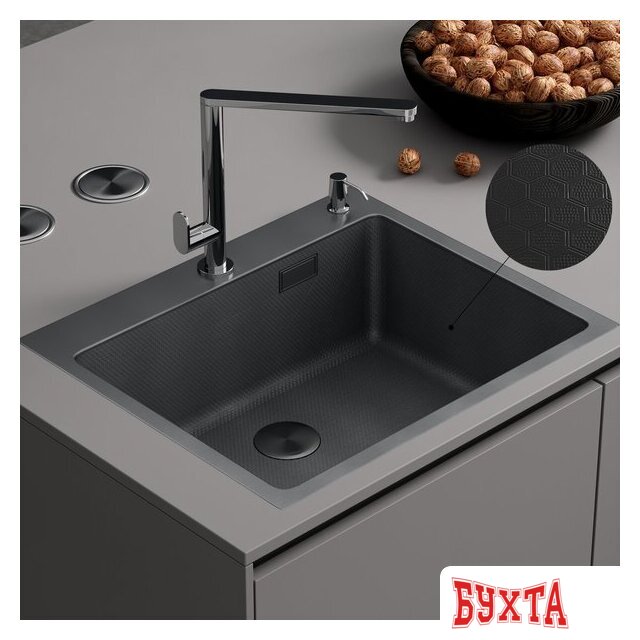 Кухонная мойка Roxen Snake 560220-60-BS PVD графит/текстурная поверхность (с коландером и дозатором) 1
