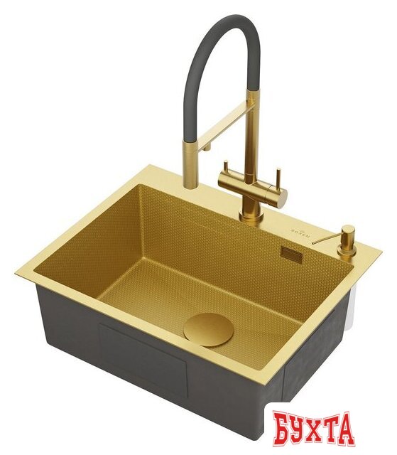 Кухонная мойка Roxen Snake 560220-60-GS PVD Gold золотая/текстурная (с коландером и дозатором) 4