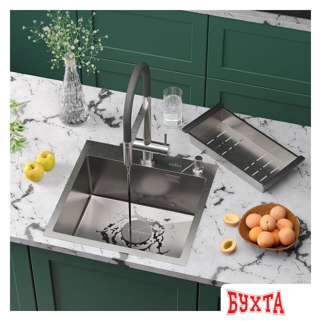 Кухонная мойка Roxen Simple 560220-50-V сатин/текстурная (с коландером и дозатором)