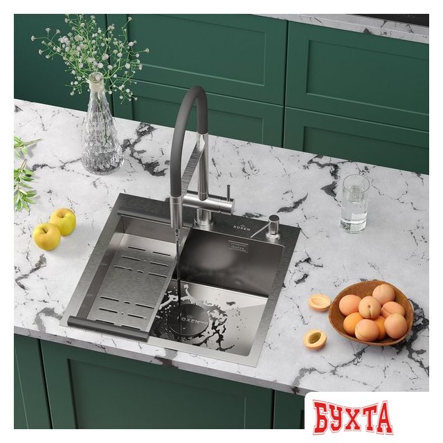 Кухонная мойка Roxen Simple 560220-50-V сатин/текстурная (с коландером и дозатором) 2