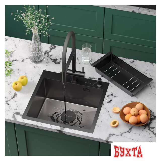 Кухонная мойка Roxen Simple 560220-50B-V графит/текстурная PVD покрытие (с коландером и дозатором) 1
