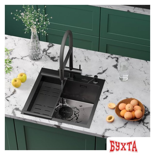 Кухонная мойка Roxen Simple 560220-50B-V графит/текстурная PVD покрытие (с коландером и дозатором) 2