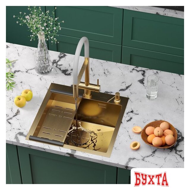 Кухонная мойка Roxen Simple 560220-50G-V золото/текстурная PVD покрытие (с коландером и дозатором) 2
