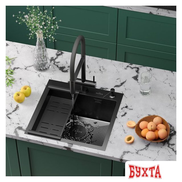 Кухонная мойка Roxen Simple 560220-60B-GR графит/текстурная PVD покрытие (с коландером и дозатором) 3