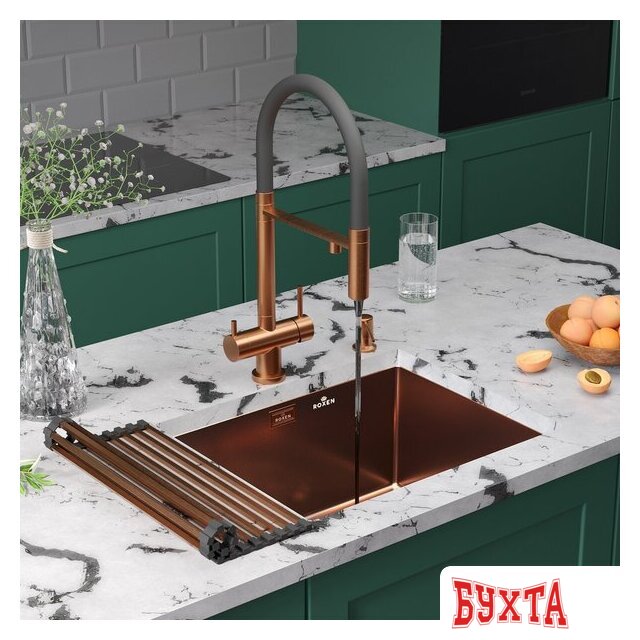 Кухонная мойка Roxen Uno 560210-54BR-V бронза/текстурная PVD покрытие (с ролл-матом и дозатором) 2
