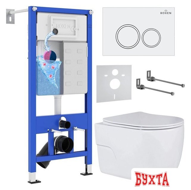 Унитаз подвесной Roxen Porto One Rimless 6 в 1 StounFix Dual Fresh 505547 (кнопка: белый глянец)