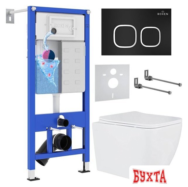 Унитаз подвесной Roxen Cube One Rimless 6 в 1 StounFix Dual Fresh 543879 (кнопка: черный матовый)