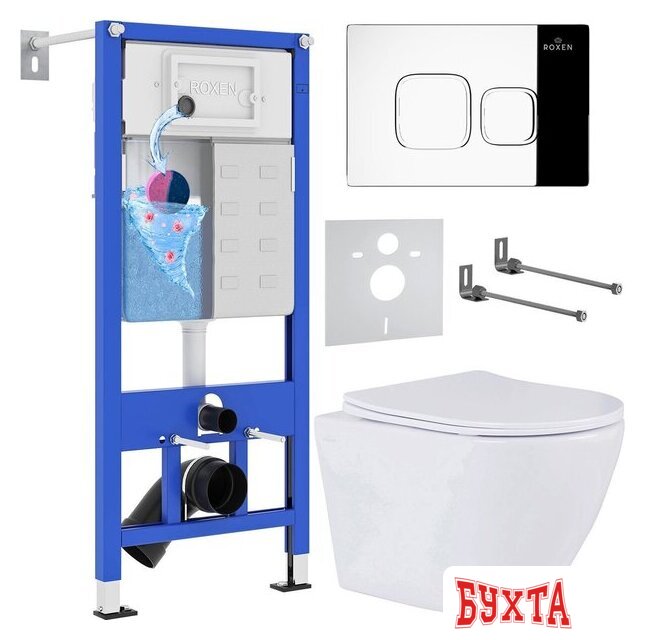 Унитаз подвесной Roxen Antares One Rimless 6 в 1 StounFix Dual Fresh 546881 (кнопка: хром)