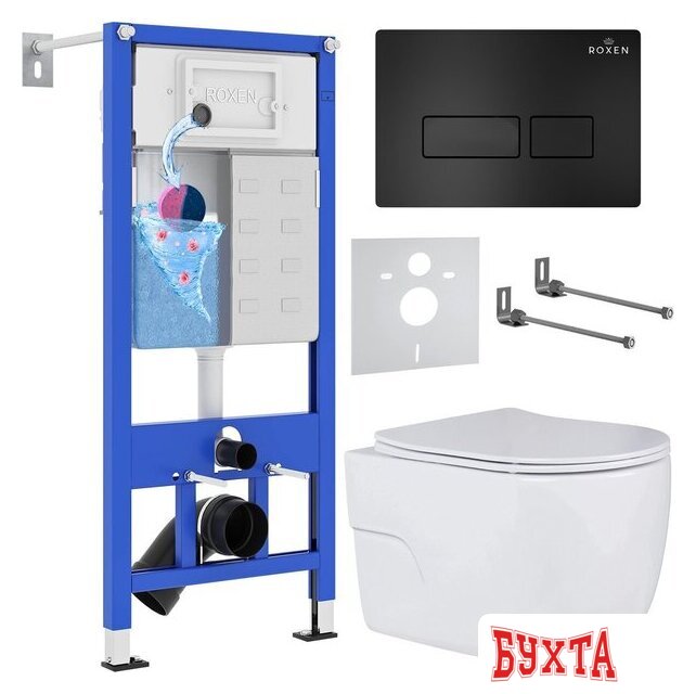 Унитаз подвесной Roxen Porto One Rimless 6 в 1 StounFix Dual Fresh 580109 (кнопка: черный матовый)
