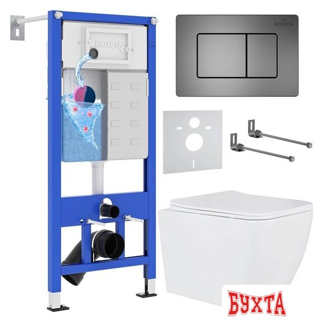 Унитаз подвесной Roxen Cube One Rimless 6 в 1 StounFix Dual Fresh 616329 (оружейная сталь/металл)