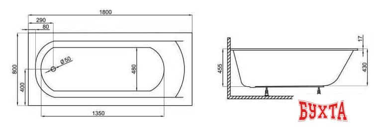Ванна Polimat Classic Slim 180x80 (c ножками) 3