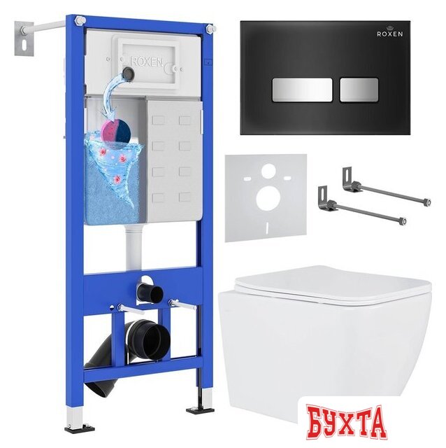 Унитаз подвесной Roxen Cube One Rimless 6 в 1 StounFix Dual Fresh 646038 (чёрное стекло) 1