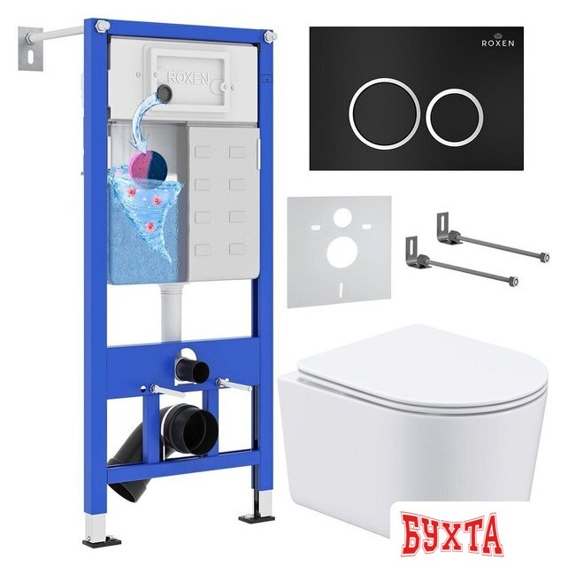 Унитаз подвесной Roxen Simple Compact в комплекте с инсталляцией StounFix Dual Fresh 6 в 1 911522 (кнопка: черный матовый) 1