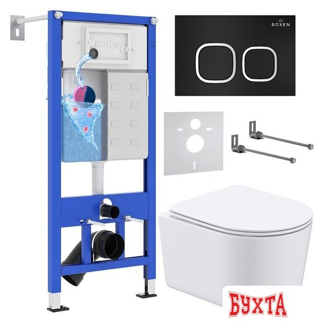 Унитаз подвесной Roxen Simple Compact в комплекте с инсталляцией StounFix Dual Fresh 6 в 1 917914 (кнопка: черный матовый) 1