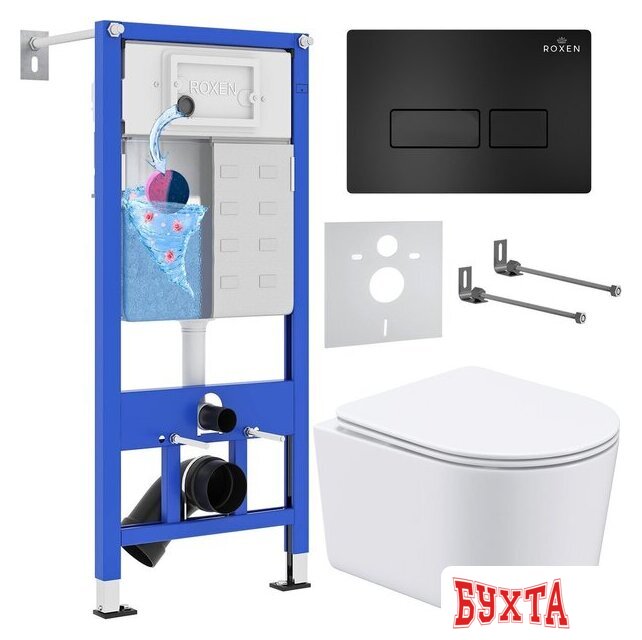Унитаз подвесной Roxen Simple Compact в комплекте с инсталляцией StounFix Dual Fresh 6 в 1 921358 (кнопка: черный матовый)