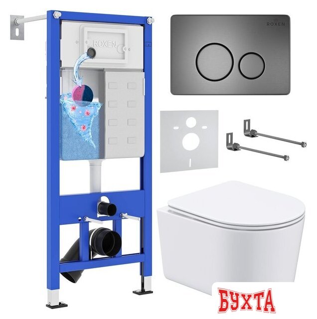 Унитаз подвесной Roxen Simple Compact в комплекте с инсталляцией StounFix Dual Fresh 6 в 1 963592 (кнопка: оружейная сталь) 1