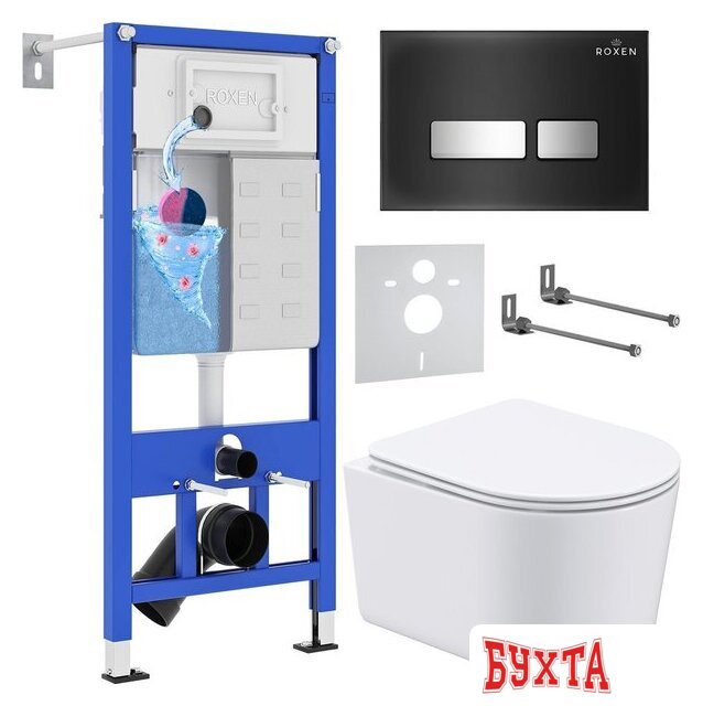 Унитаз подвесной Roxen Simple Compact в комплекте с инсталляцией StounFix Dual Fresh 6 в 1 965318 (кнопка: черное стекло) 1