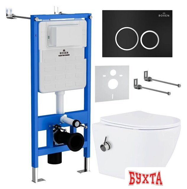 Унитаз подвесной Roxen Antares Bidet в комплекте с инсталляцией StounFix Dual Fresh 6 в 1 906342 (кнопка: черный матовый)