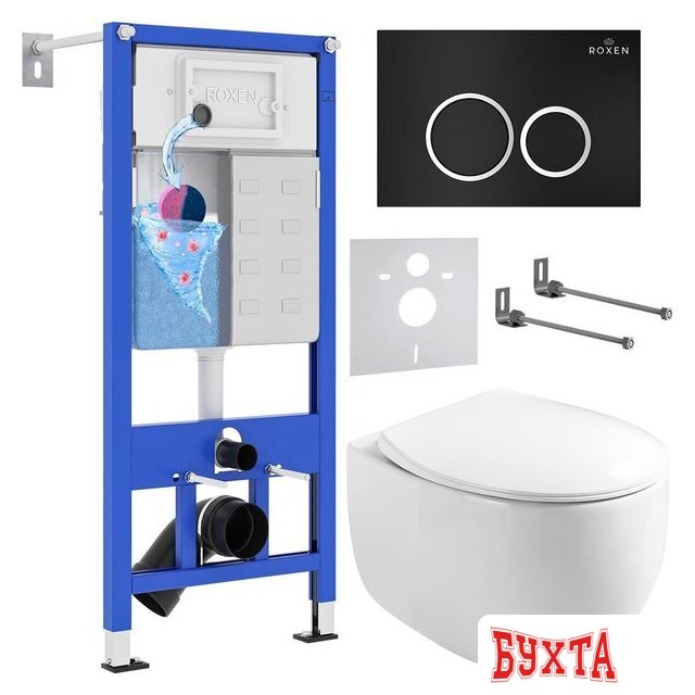 Унитаз подвесной Roxen Egg в комплекте с инсталляцией StounFix Dual Fresh 6 в 1 964010 (кнопка: черный матовый)