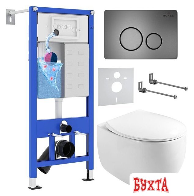 Унитаз подвесной Roxen Egg в комплекте с инсталляцией StounFix Dual Fresh 6 в 1 964237 (кнопка: оружейная сталь)