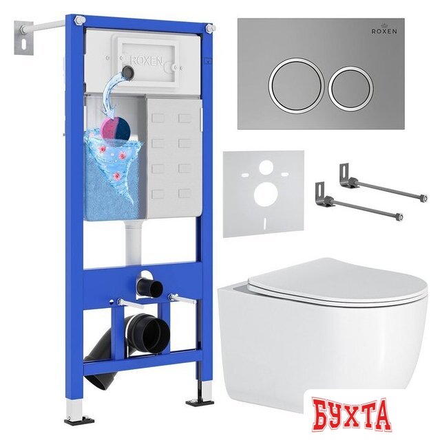 Унитаз подвесной Roxen Vortex Tornado в комплекте с инсталляцией StounFix Dual Fresh 6 в 1 964355 (кнопка: хром матовый)